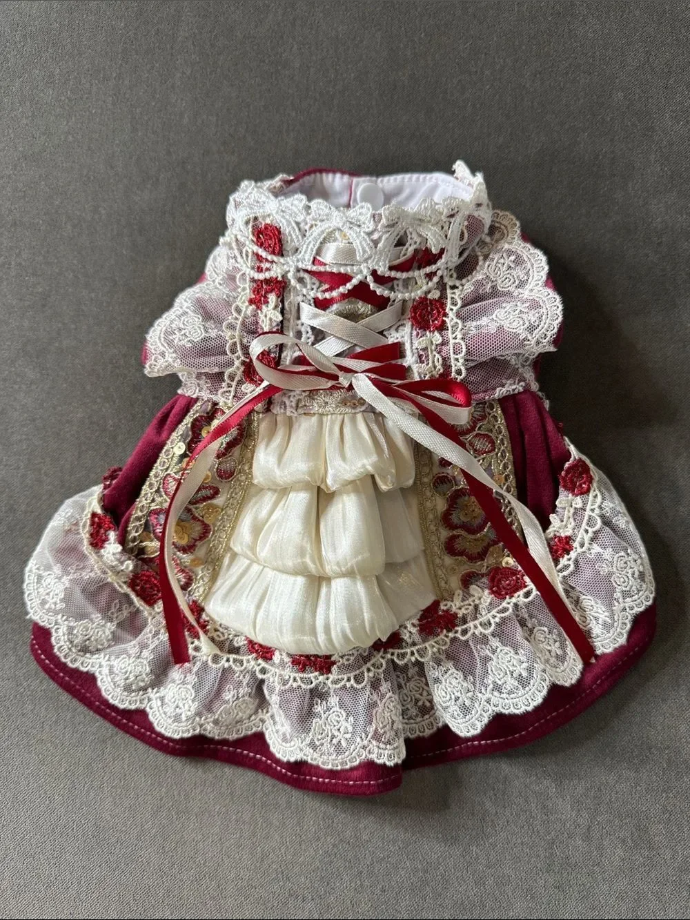 Pet Burgundy Lace Trim Dog Cat Dress Cream Ruffles Wedding Formal Size XS